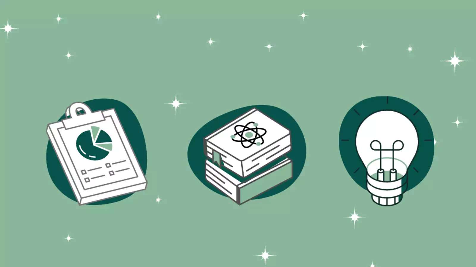 A clipboard, a stack of books, and a lightbulb on a green background with stars.